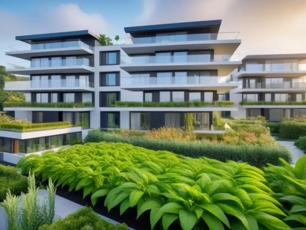 Complejo sostenible: arquitectura ecofriendly rodeada de naturaleza Un complejo de apartamentos moderno y sostenible rodeado de naturaleza, con paneles solares, grandes ventanales y un patio central con plantas nativas