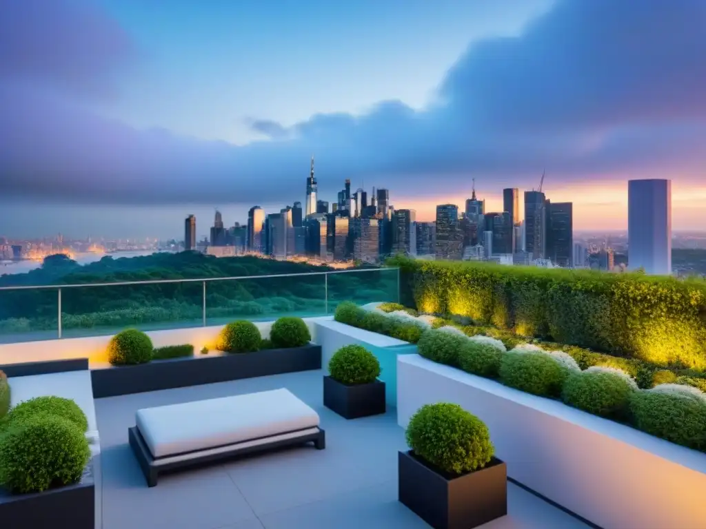 Edificio de lujo con diseño moderno y jardín en la azotea Un complejo de apartamentos modernos de lujo con arquitectura elegante, ventanas de piso a techo y jardín en la azotea con vista a la ciudad