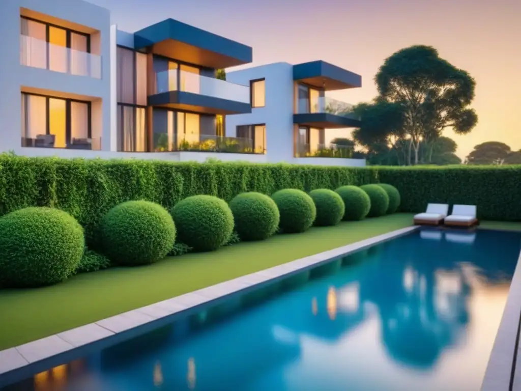 Residencial de lujo: arquitectura moderna entre naturaleza y piscina Complejo de apartamentos modernos de lujo con arquitectura elegante, rodeado de exuberante vegetación y una piscina reluciente al atardecer