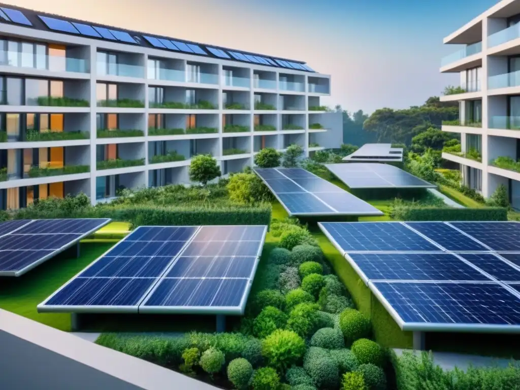 Complejo residencial sostenible: arquitectura eco en entorno natural Un complejo de apartamentos sostenible rodeado de vegetación, paneles solares y cielo azul