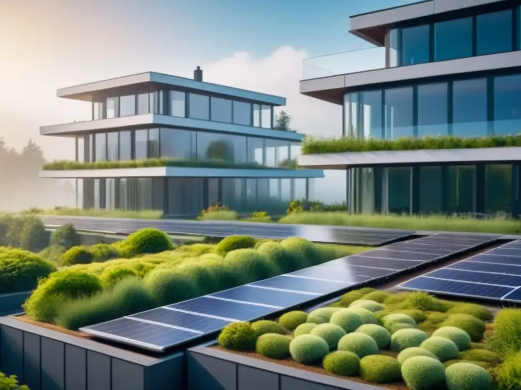 Complejo ecoamigable futurista en entorno natural Un complejo arquitectónico futurista integrado en un paisaje verde, con certificaciones verdes mercado inmobiliario