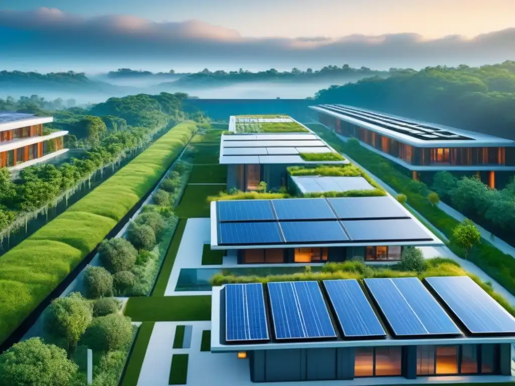 Complejo arquitectónico sostenible y futurista en entorno natural Un complejo arquitectónico futuro sostenible rodeado de exuberante vegetación