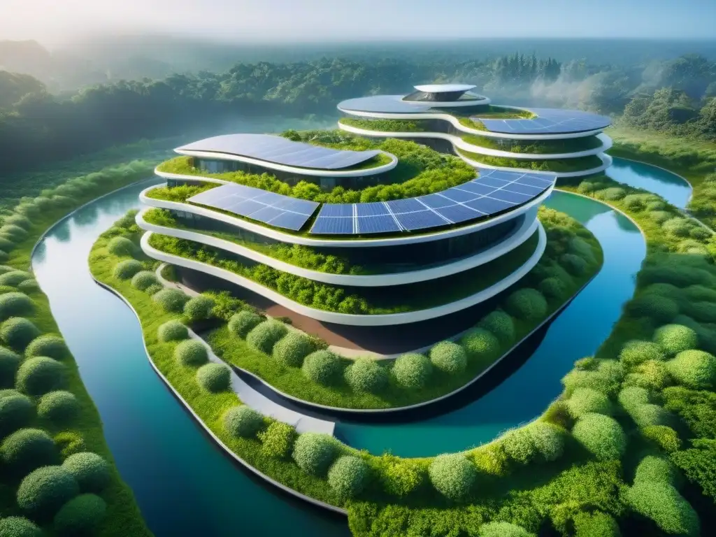 Complejo arquitectónico sustentable: innovación y naturaleza en armonía Un complejo arquitectónico moderno y sostenible con techos verdes, paneles solares y una fuente, muestra el futuro de propiedades certificadas verdes en el mercado inmobiliario