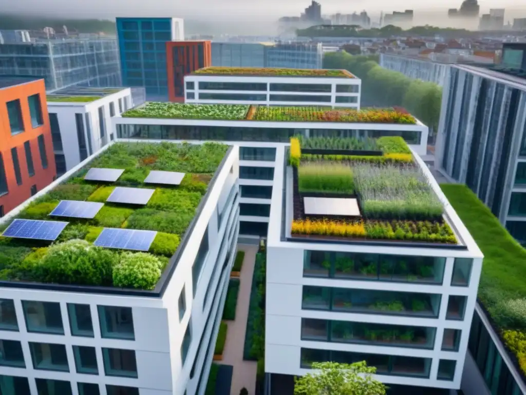 Complejo eco sostenible: arquitectura moderna en ciudad vibrante Un complejo arquitectónico sostenible con certificaciones verdes en el mercado inmobiliario, rodeado de vida urbana vibrante
