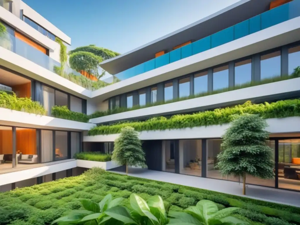 Edificio sostenible de vanguardia: innovación y ecoamigable Un complejo arquitectónico sostenible e innovador con paneles solares y vegetación exuberante, iluminado por la luz natural