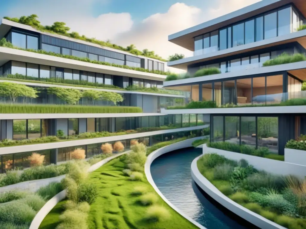 Arquitectura sostenible: complejo moderno en paisaje verde Un complejo arquitectónico sostenible integrado en un paisaje verde, destacando el paisajismo sostenible en desarrollo inmobiliario