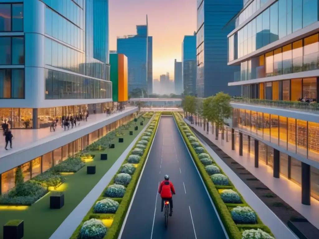 Vista aérea impresionante de ciudad moderna y vibrante Un complejo comercial moderno rodeado de naturaleza y arte, con una vista aérea impresionante al atardecer