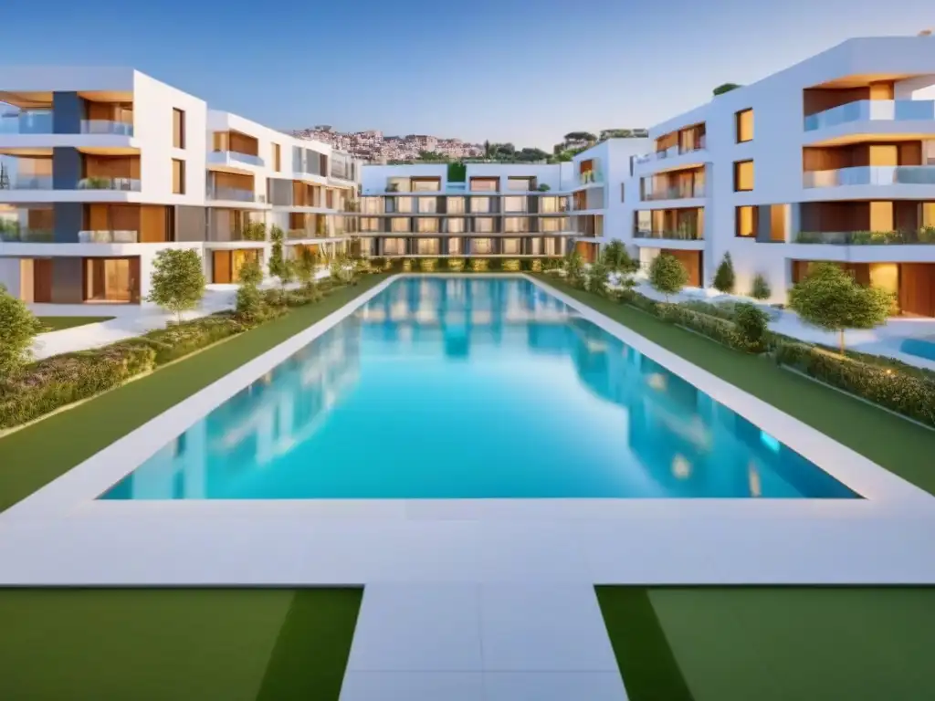 Complejo residencial moderno en España: Propiedad horizontal detallada Complejo de condominios moderno en España con propiedades horizontales y áreas comunes