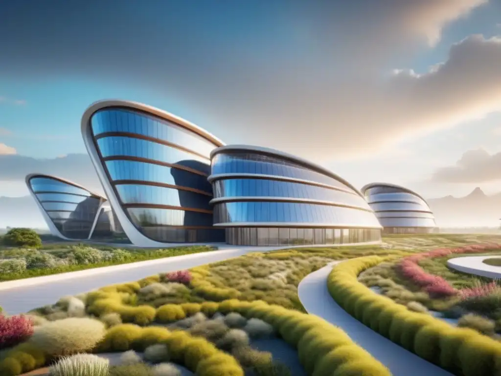 Complejo sostenible futurista con tecnologías avanzadas y paisajes climáticos diversos Un complejo de edificios inteligentes con tecnología sustentable en armonía con la naturaleza