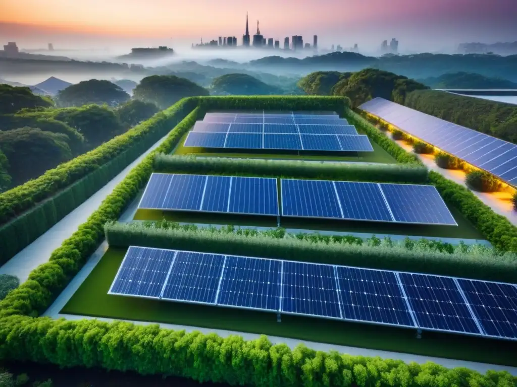 Complejo sostenible: arquitectura verde en la urbe Un complejo de edificios sostenibles con certificaciones verdes en el mercado inmobiliario, destacando paneles solares y jardines en la azotea