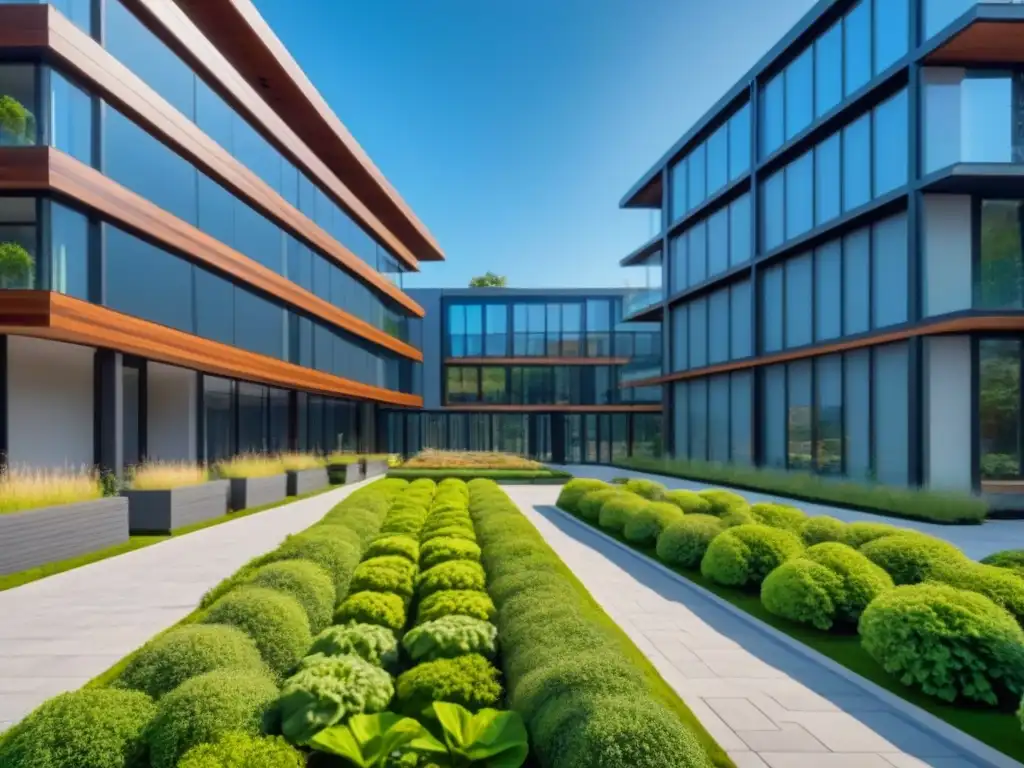 Edificio sostenible: arquitectura moderna con tecnología verde Un complejo de edificios sostenibles modernos rodeado de jardines exuberantes y tecnología ecológica