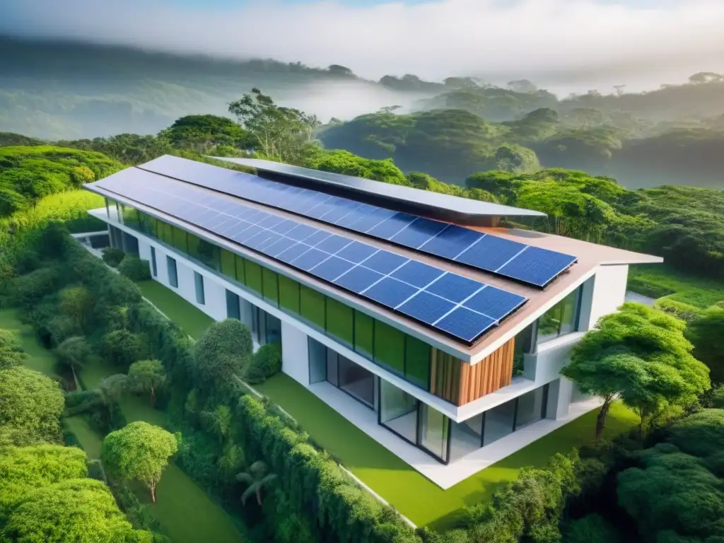 Complejo sostenible: diseño ecoamigable y eficiencia energética Un complejo de edificios sostenibles con paneles solares, vegetación y diseño ecoamigable