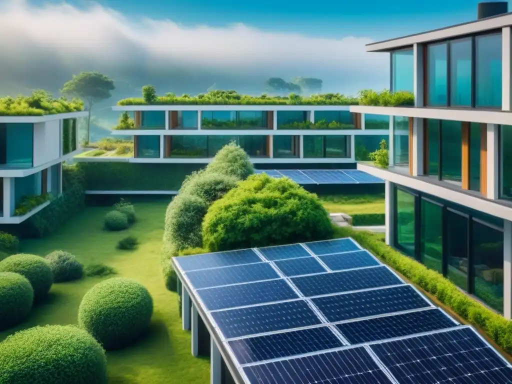 Complejo sostenible: arquitectura ecofriendly en armonía con la naturaleza Complejo de edificios sostenibles con paneles solares, rodeado de vegetación, cielo azul