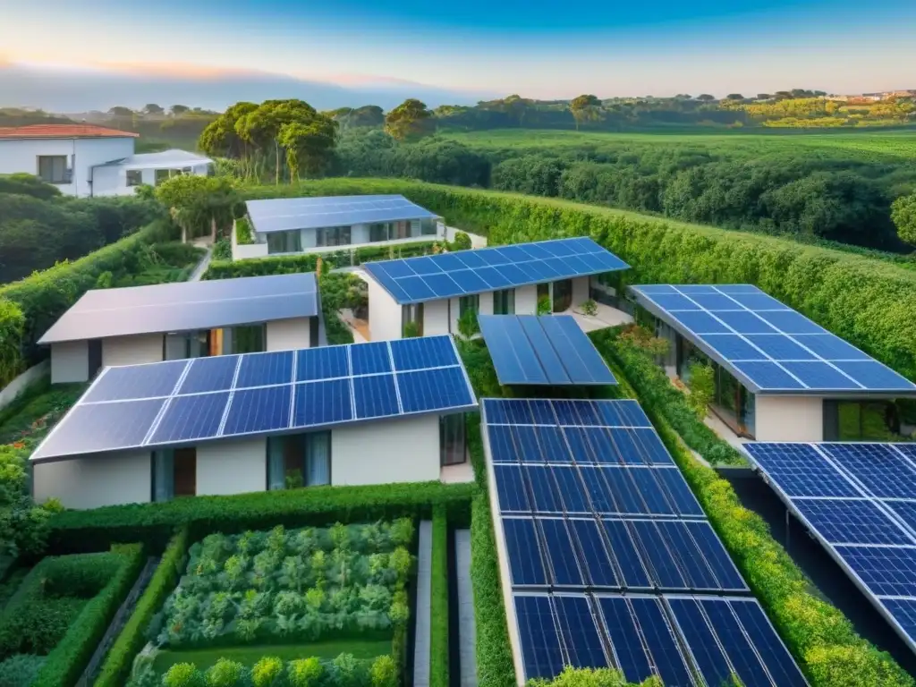 Complejo ecofriendly: arquitectura sostenible en la ciudad Un complejo de edificios sostenibles rodeado de jardines exuberantes, paneles solares y una ciudad bulliciosa al fondo