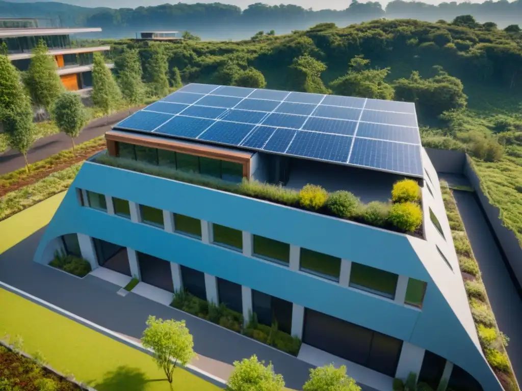 Complejo ecoamigable: arquitectura sostenible y naturaleza exuberante Un complejo de edificios sostenibles rodeado de vegetación, paneles solares y cielos azules