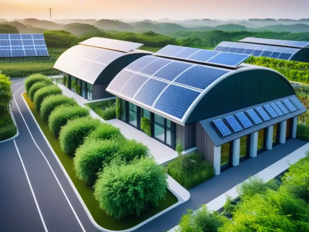 Complejo ecológico: arquitectura moderna en armonía con la naturaleza Un complejo de edificios sostenibles rodeados de vegetación, paneles solares relucientes y turbinas eólicas girando al fondo
