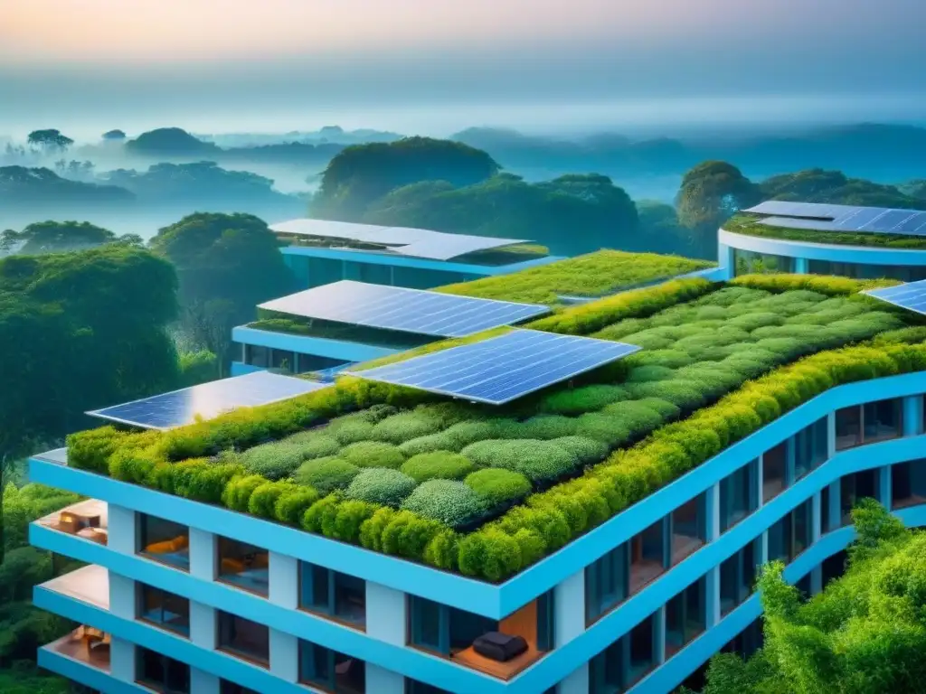 Complejo sostenible: arquitectura verde y tecnología en armonía Complejo de edificios verdes sostenibles con diseño innovador y tecnología eco, integrado armoniosamente en la naturaleza