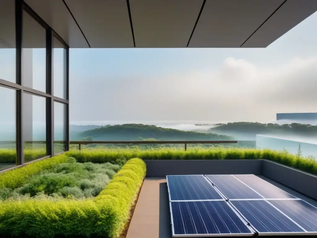 Complejo ecoamigable: diseño sostenible con paneles solares y vegetación Complejo de edificios verdes sostenibles con paneles solares, vegetación integrada y diseño energéticamente eficiente