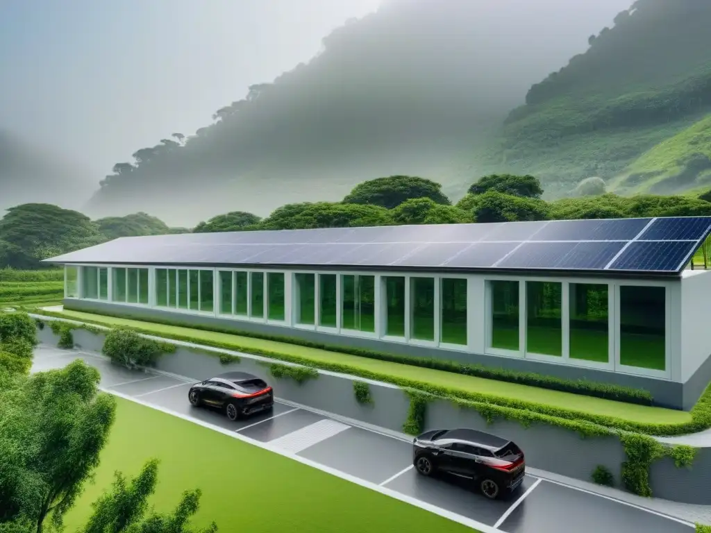 Complejo ecoamigable: diseño futurista y sostenible Un complejo futurista rodeado de vegetación, con sistemas ecoeficientes y diseño sostenible