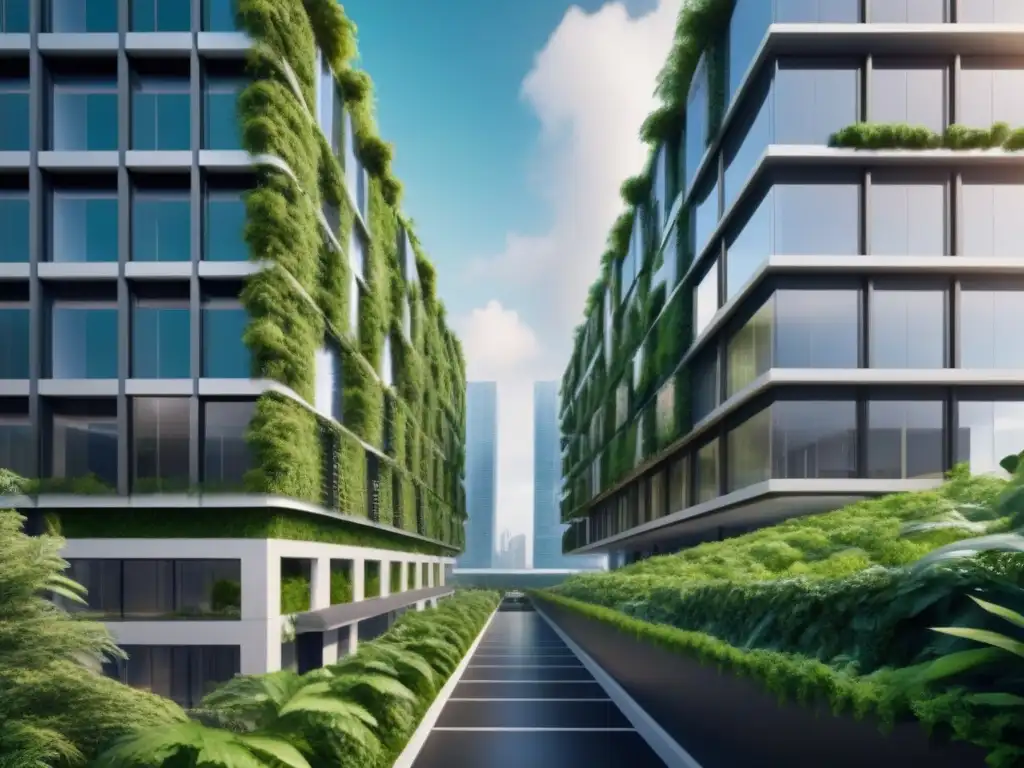 Complejo futurista sostenible: innovación y colaboración en 8k Un complejo futurista y sostenible con características innovadoras, rodeado de vegetación exuberante y gente diversa colaborando