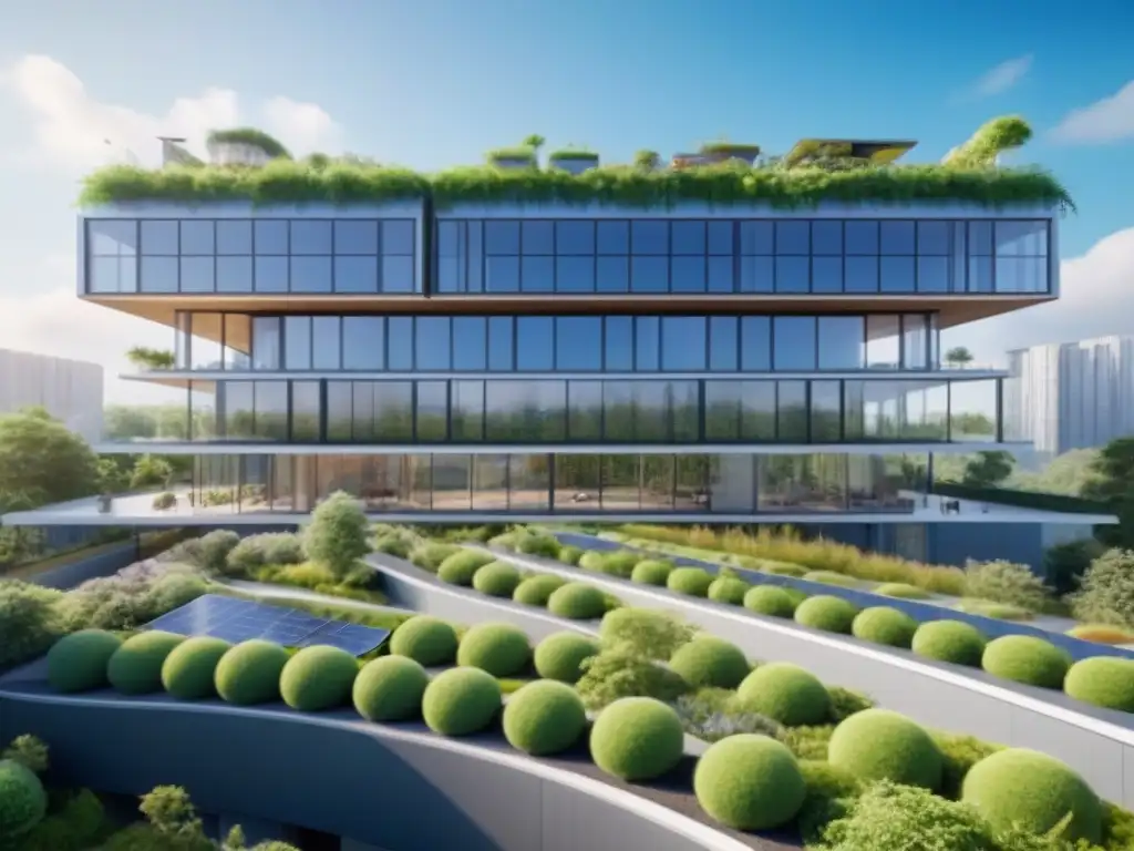 Complejo ecoamigable: arquitectura futurista y sostenible en 8k Un complejo futurista sostenible rodeado de naturaleza y personas comprometidas en actividades eco-friendly