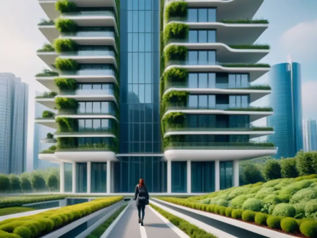 Complejo arquitectónico sostenible del futuro Un complejo futurista sostenible con techos verdes, paneles solares y jardines verticales