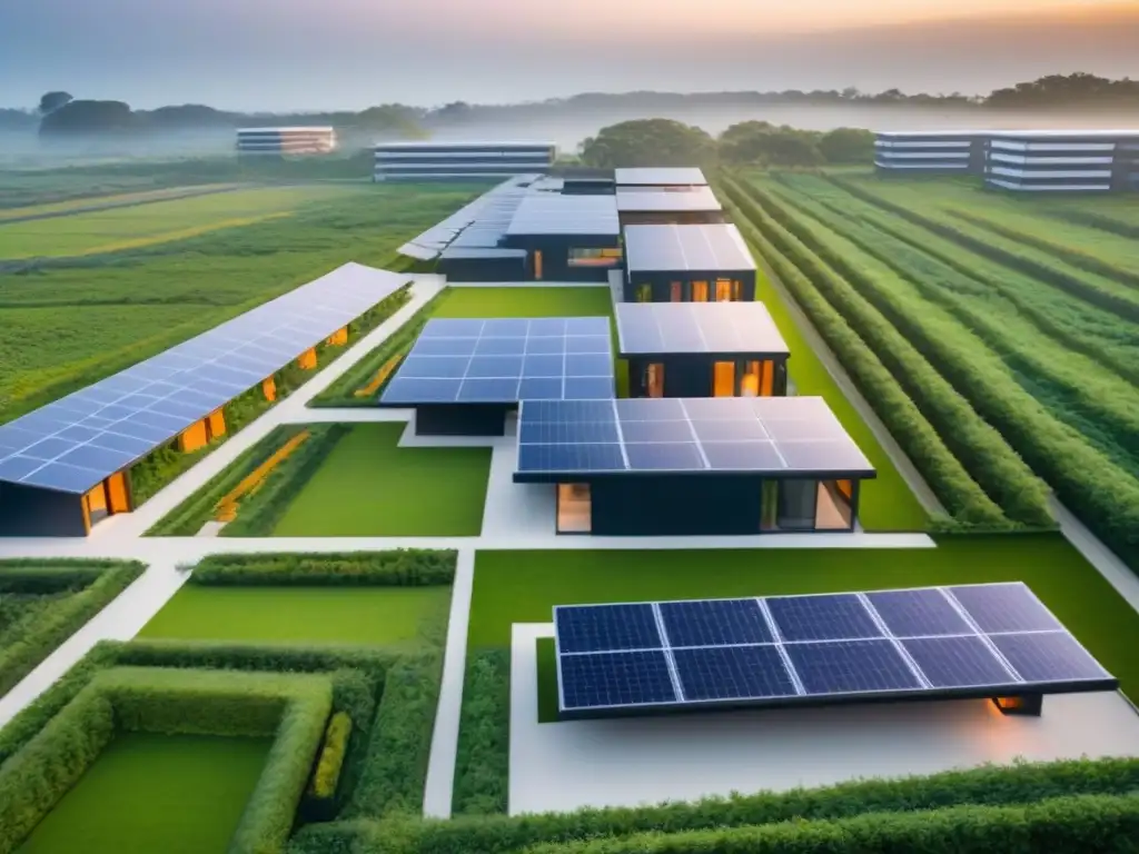Complejo residencial futurista con enfoque sostenible y comunitario Complejo habitacional futurista con espacios verdes, paneles solares, diseño moderno y enfoque comunitario postCOVID