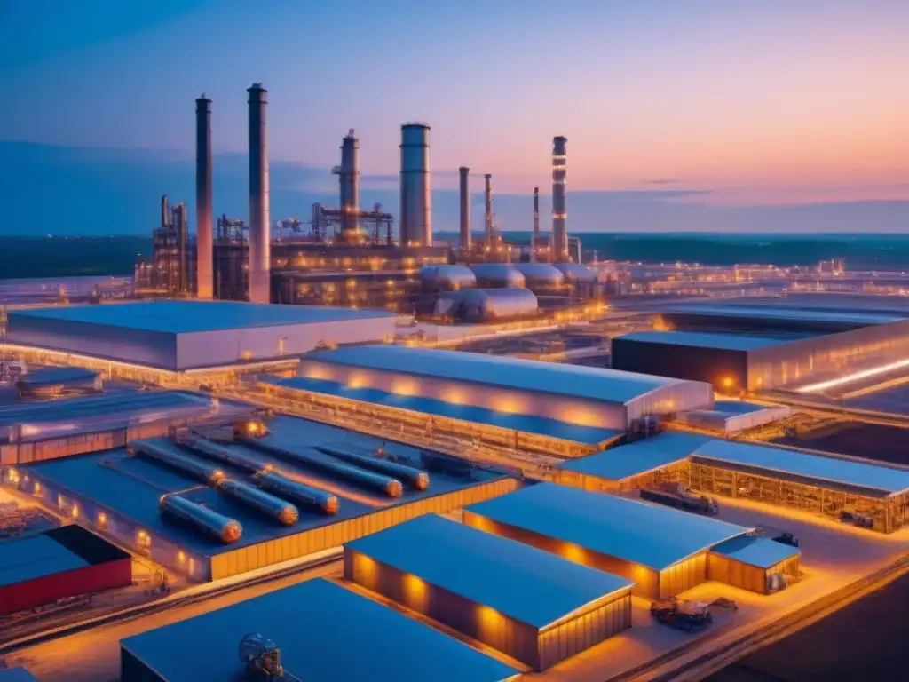 Complejo industrial futurista: luces neón y tecnología avanzada en acción Un complejo industrial futurista detallado y vibrante, iluminado por luces de neón, reflejando innovación y conservación patrimonial