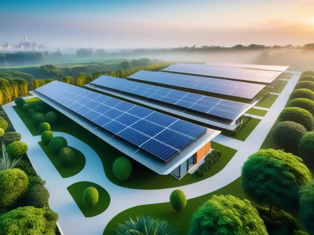 Complejo ecoamigable: arquitectura innovadora rodeada de naturaleza Un complejo moderno y sostenible rodeado de vegetación exuberante, con paneles solares brillantes y jardines en la azotea