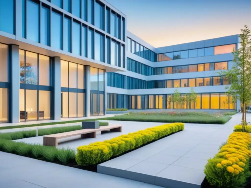 Complejo arquitectónico moderno: diseño elegante con vistas impresionantes Un complejo de oficinas moderno con diseño arquitectónico elegante y ventanales de piso a techo, rodeado de naturaleza exuberante y arte contemporáneo