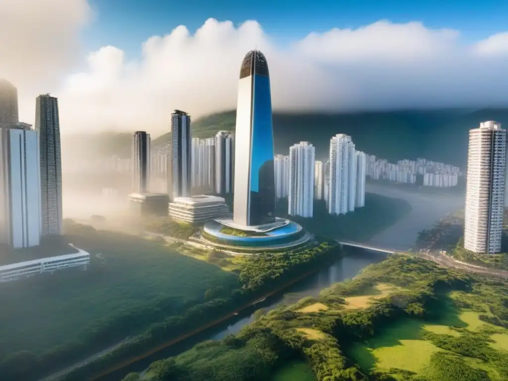 Complejo de rascacielos en Sudamérica: fusión moderna y natural Un complejo de rascacielos contemporáneos en una bulliciosa ciudad de Sudamérica, reflejando modernidad y naturaleza
