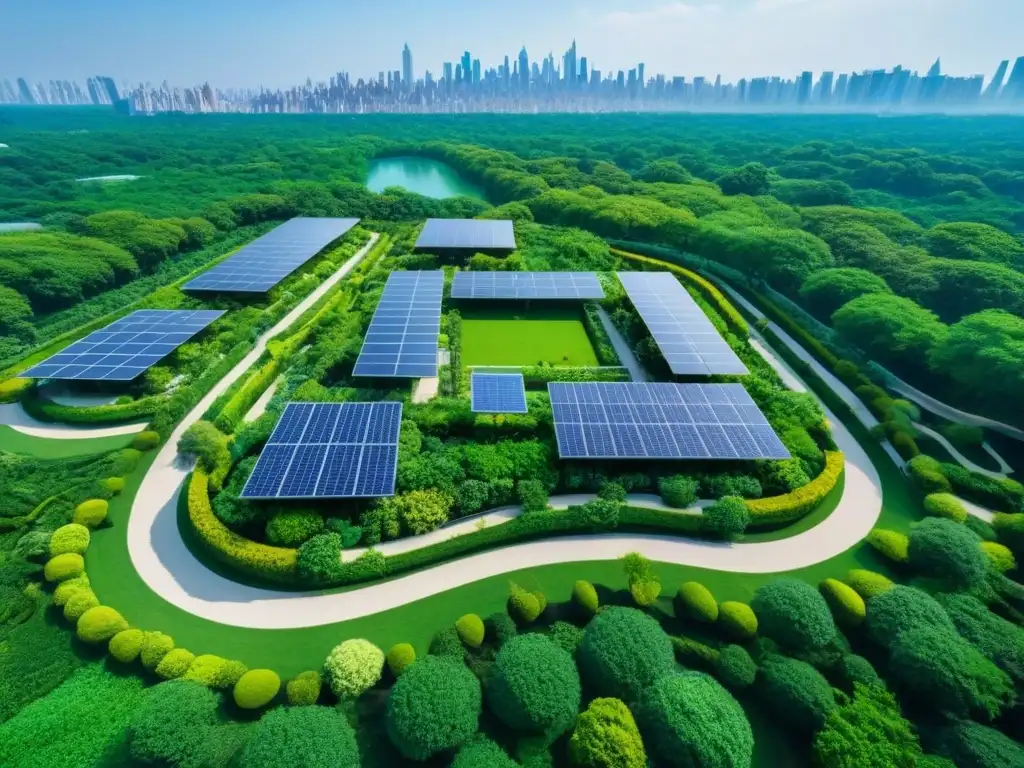 Residencial ecológico: diseño sostenible y naturaleza exuberante Complejo residencial ecológico con certificaciones verdes, paneles solares y parque central