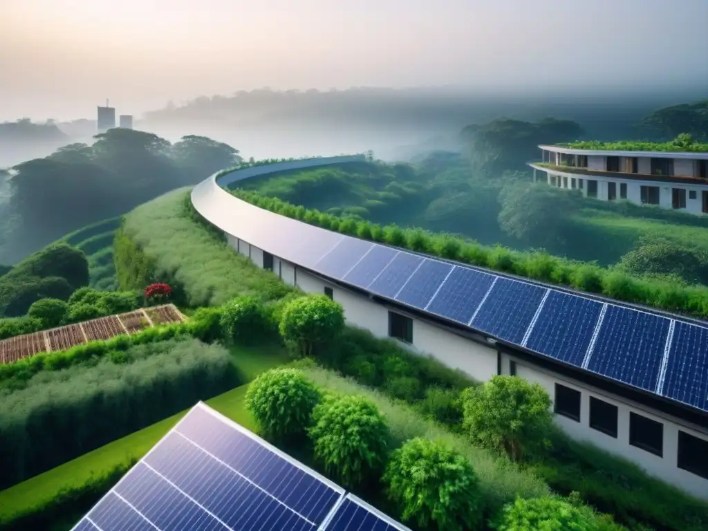 Eco-urbanismo: complejo residencial sostenible en armonía con la naturaleza Un complejo residencial ecológico rodeado de vegetación, con paneles solares en los techos