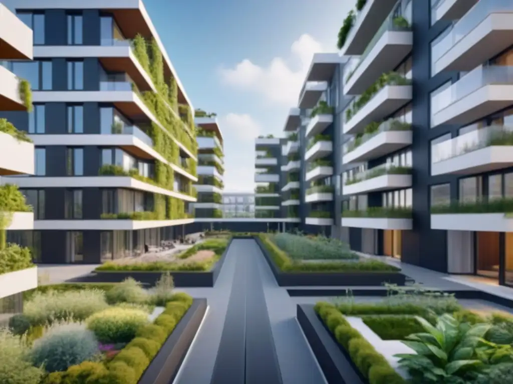 Complejo residencial sostenible: modernidad y comunidad ecofriendly Un complejo residencial futurista y sostenible rodeado de naturaleza, paneles solares y jóvenes disfrutando de actividades al aire libre