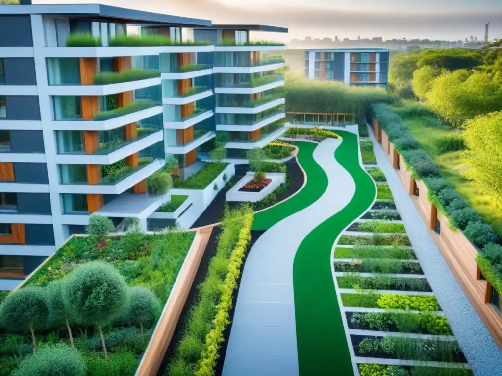 Complejo residencial ecoamigable: armonía entre modernidad y naturaleza Un complejo residencial moderno rodeado de vegetación, con diseño sostenible y elementos ecoamigables