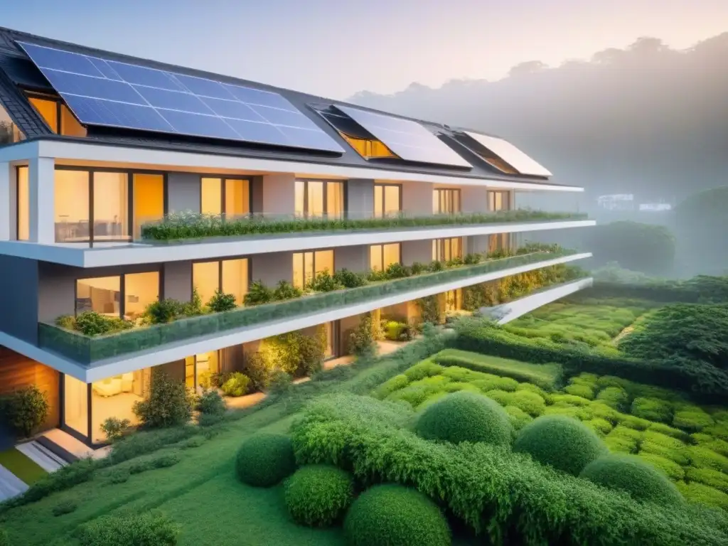 Residencial eco-sostenible rodeado de naturaleza y paneles solares Complejo residencial moderno rodeado de vegetación y paneles solares, destacando estrategias de inversión inmobiliaria sostenibles