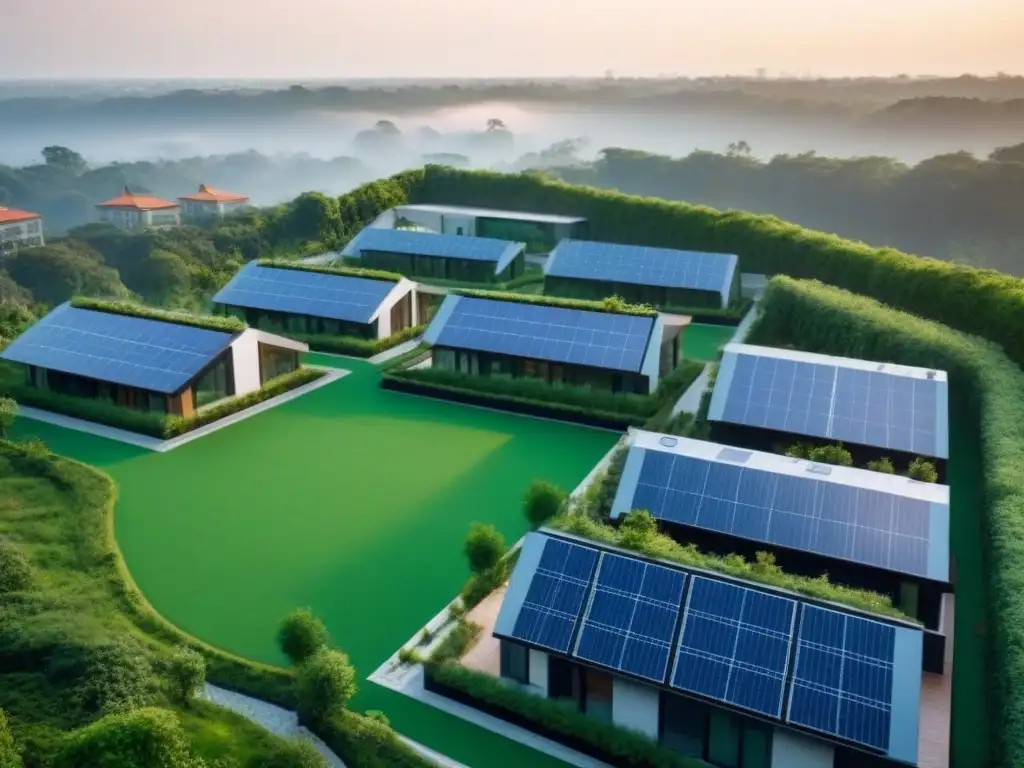 Complejo residencial sostenible: armonía entre naturaleza y diseño moderno Un complejo residencial moderno y sostenible rodeado de vegetación, con paneles solares y espacios verdes integrados