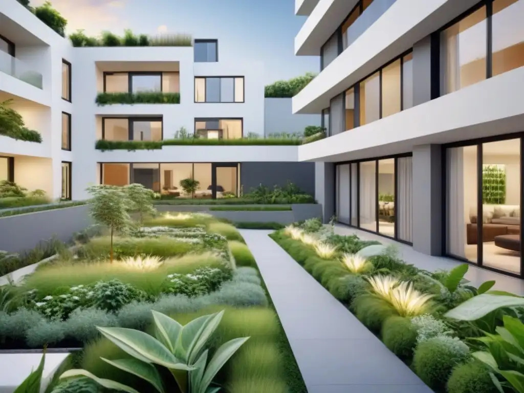 Complejo residencial sostenible con espacios verdes Un complejo residencial moderno y sostenible integrado con espacios verdes, diseño inmobiliario sostenible y ecológico