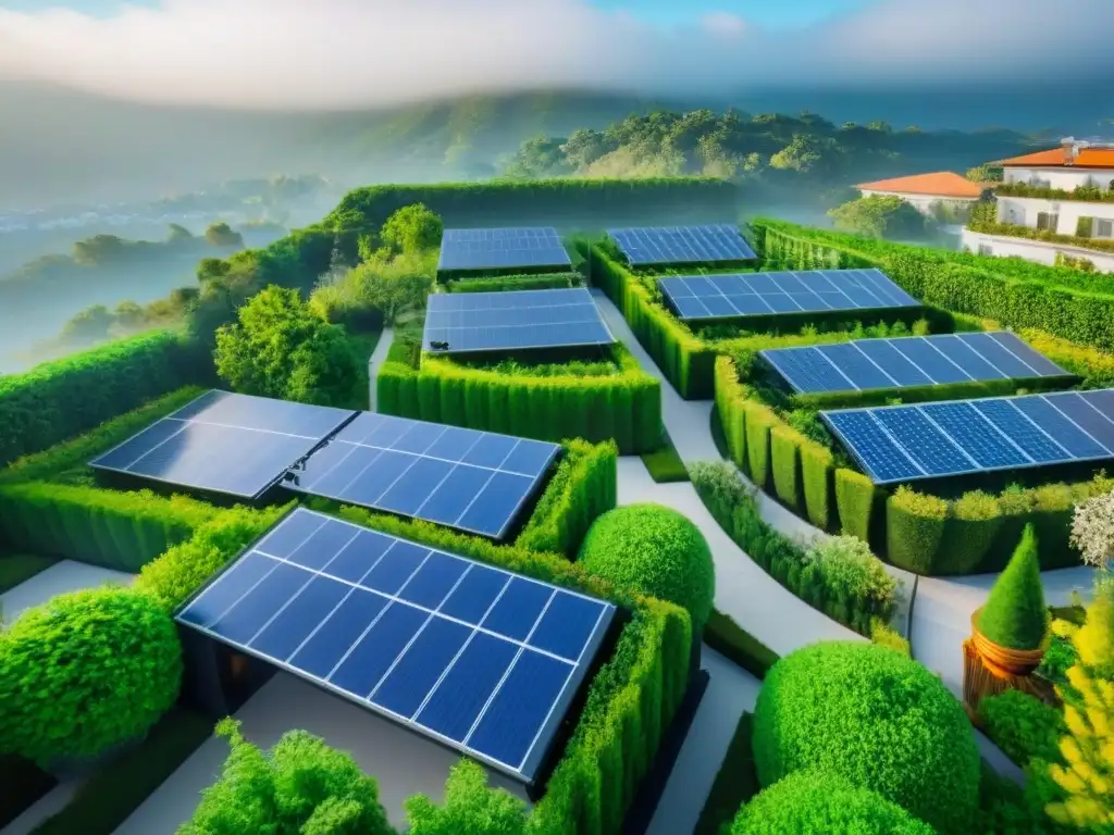 Eco-complejo residencial sostenible: oasis verde en altura Un complejo residencial sostenible certificado rodeado de naturaleza, con jardines en azotea y paneles solares