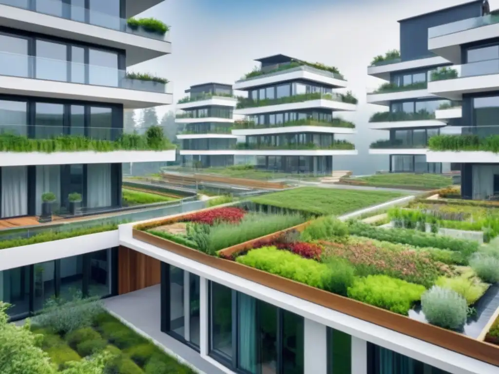 Complejo residencial ecoamigable: arquitectura sostenible en armonía con la naturaleza Complejo residencial sostenible con normativas ambientales en moderna arquitectura ecoamigable