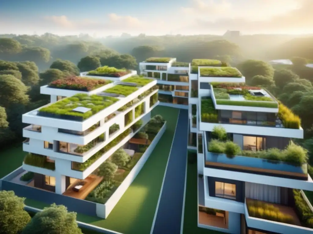 Complejo residencial sostenible: innovación ecoamigable Un complejo residencial sostenible con techos verdes y paneles solares, rodeado de naturaleza