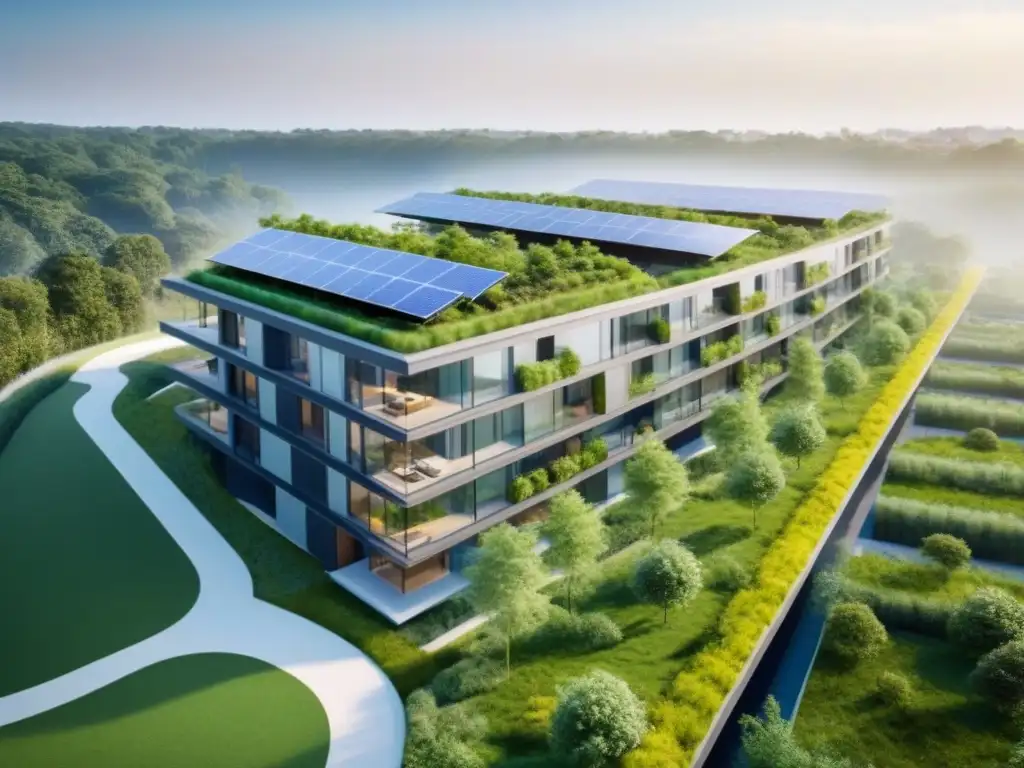 Complejo residencial sostenible: armonía eco-urbana Un complejo residencial sostenible con techos verdes exuberantes, paneles solares brillando y un entramado de senderos para bicicletas