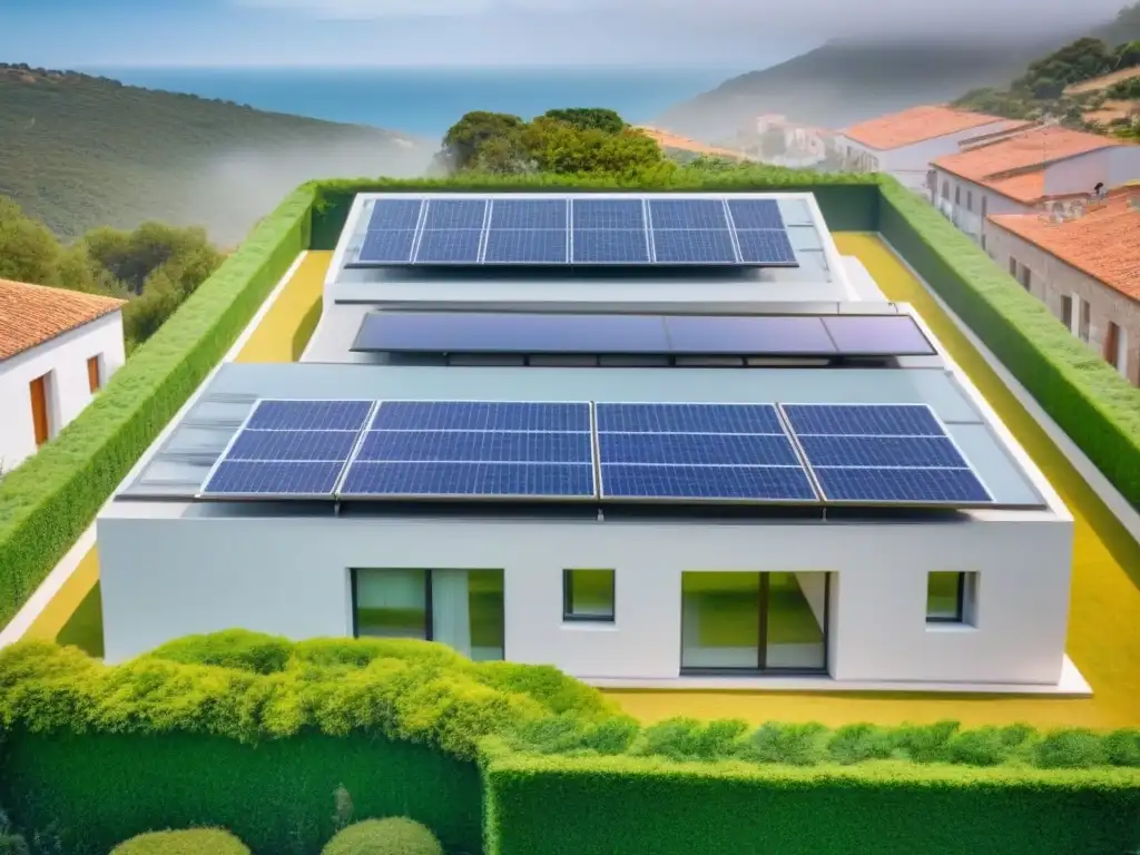 Complejo sostenible: arquitectura moderna en España Un complejo sostenible en España con paneles solares, vegetación y arquitectura moderna que simboliza la eficiencia energética en propiedades españolas