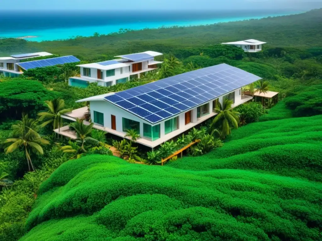 Complejo ecoamigable en Caribe: arquitectura sostenible entre vegetación exuberante y mar turquesa Complejo de viviendas ecológicas en el Caribe con paneles solares y techos verdes, integrando el desarrollo sostenible en la región