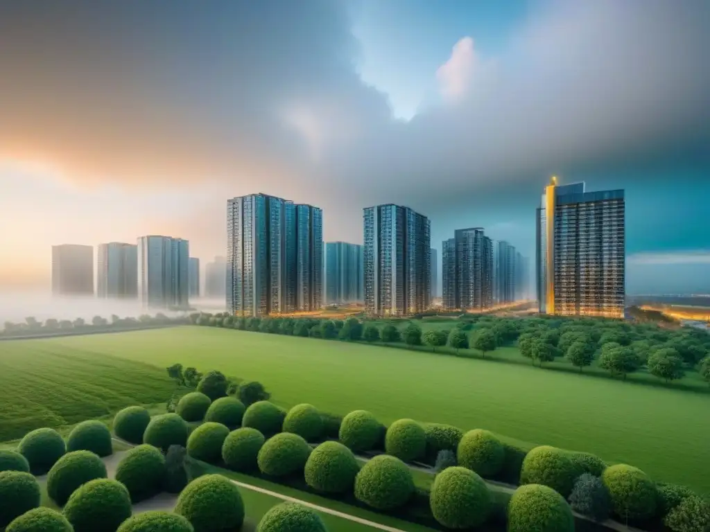 Portafolio Inmobiliario: Fusión Innovadora de Edificios Modernos en 8k Una composición estratégica de propiedades inmobiliarias modernas, con arquitectura innovadora y paisajes urbanos