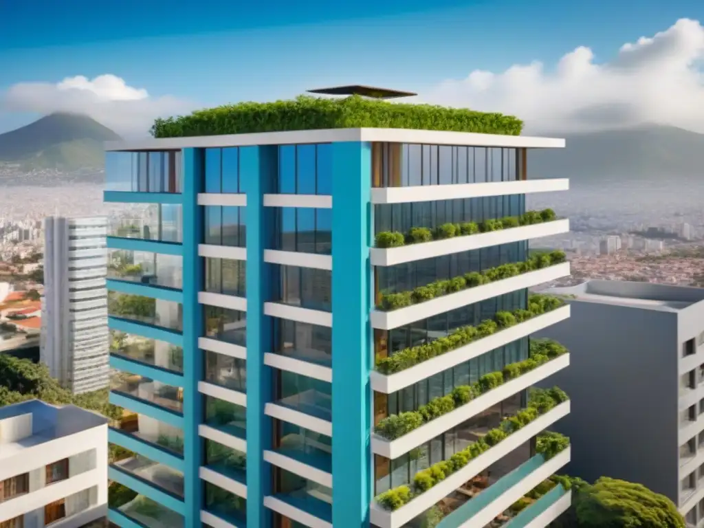 Edificio de lujo en ciudad mexicana: arquitectura tradicional y moderna Compra de inmuebles en México: Edificio moderno en ciudad mexicana, con arquitectura tradicional y contemporánea, rodeado de vegetación y cielo azul