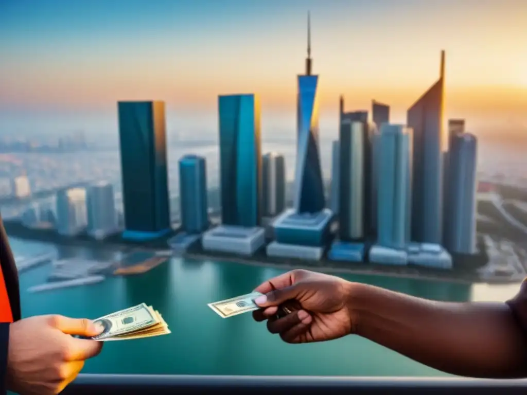 Transacciones globales: compraventa de propiedades entre compradores internacionales ante un paisaje urbano al atardecer Compra y venta de propiedades internacionales con Impuestos retención venta propiedades extranjeros