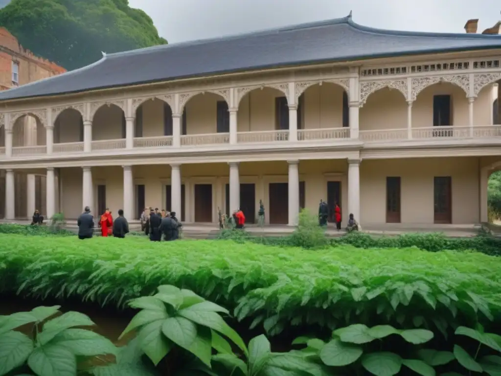 Restauración comunitaria: unidos por la preservación del patrimonio Una comunidad diversa y expertos en conservación restauran juntos un edificio histórico con detalles arquitectónicos, rodeados de vegetación