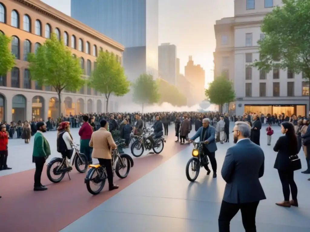 Ciudad diversa en reunión comunitaria al atardecer Una comunidad diversa se reúne en una plaza urbana al atardecer