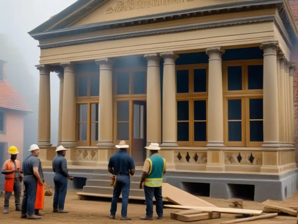 Restauración comunitaria: diversidad y colaboración en 8k ultrarrealista Una comunidad diversa restaura una propiedad histórica con herramientas modernas